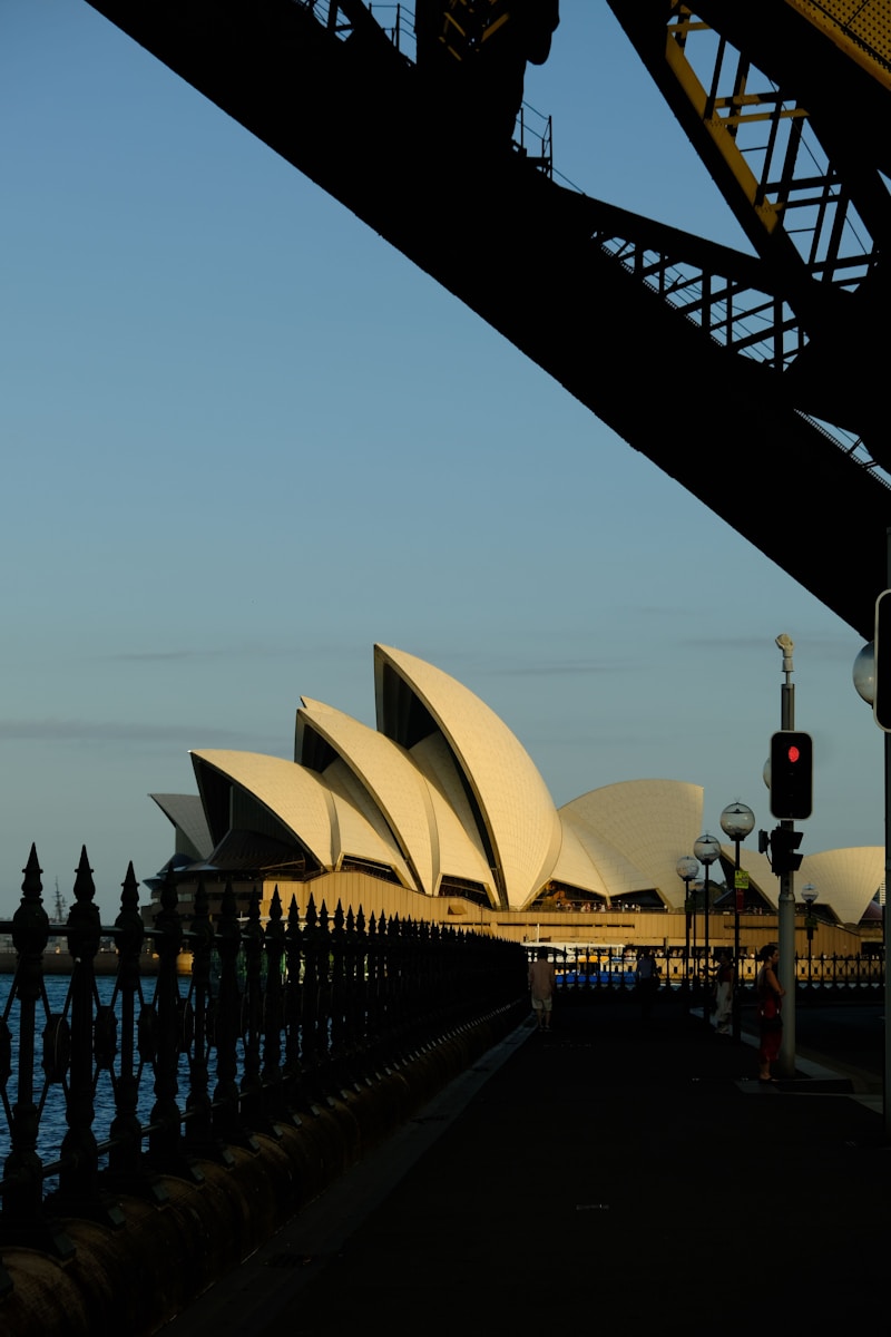A view of the sydney opera house from under a bridge